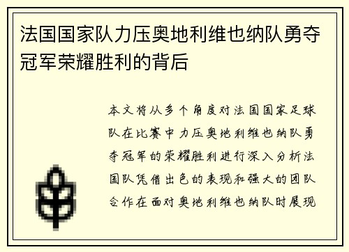 法国国家队力压奥地利维也纳队勇夺冠军荣耀胜利的背后