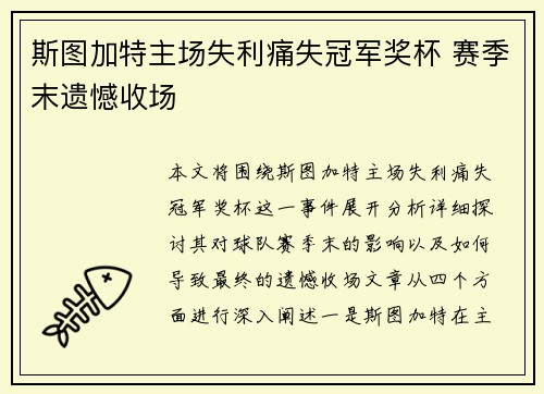 斯图加特主场失利痛失冠军奖杯 赛季末遗憾收场